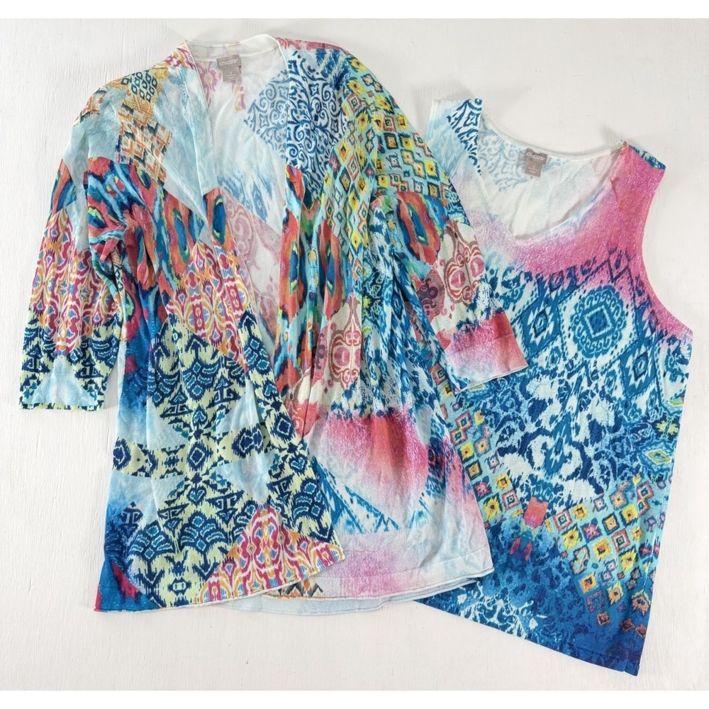 Chico's XL Women Geometric 3/4 Sleeve Knit Wrap Jacket & Tank Multicolor Size 3